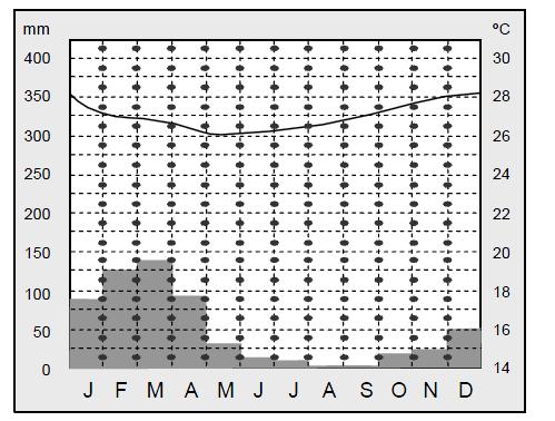 Esse gráfico permite as seguintes conclusões corretas: 1) A localidade estudada encontra-se no hemisfério norte. 2) A época mais seca ocorre no inverno e primavera.