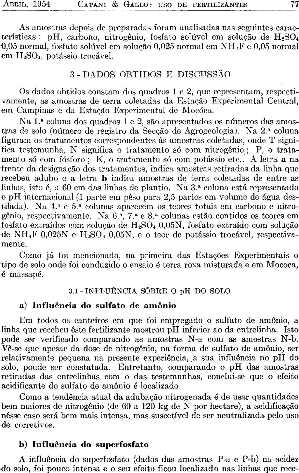 ABRIL, 1954 CATANI & GALLO : uso DE FERTILIZANTES 77 As amostras depois de preparadas foram analisadas nas seguintes características : ph, carbono, nitrogênio, fosfato solúvel em solução de H 2 0,05
