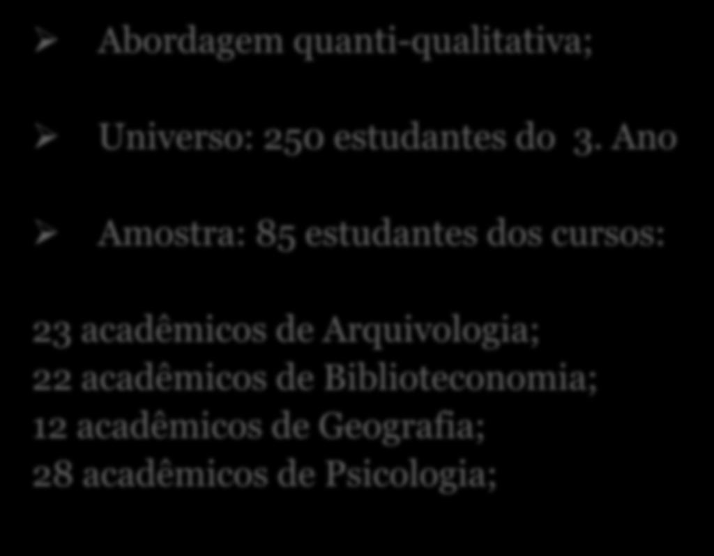 Metodologia Abordagem quanti-qualitativa; Universo: 250 estudantes do 3.