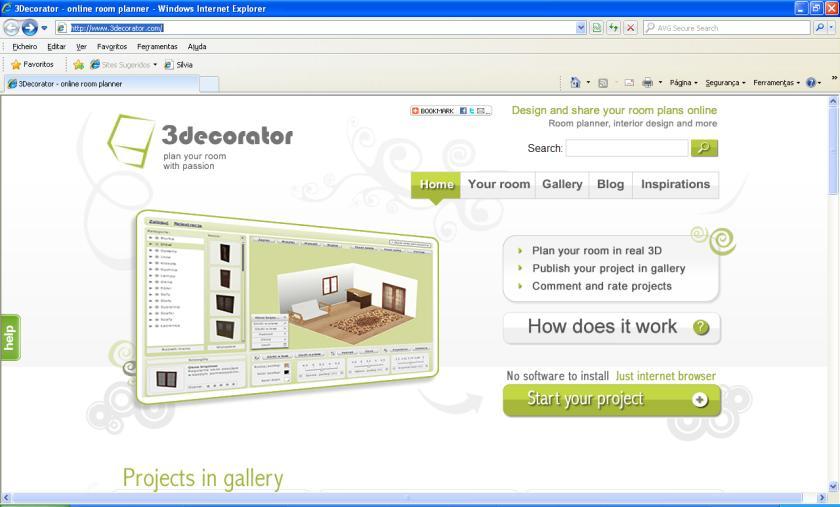 Manual e Guia de Utilização e Exploração do 3decorator 1. Para acedermos a esta ferramenta, devemos, no browser da Internet, digitar o seguinte endereço: http://www.3decorator.com/.