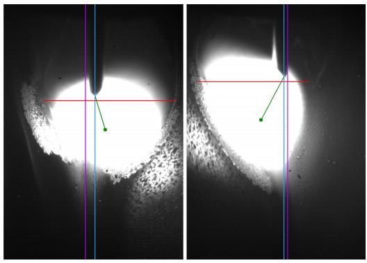 50 Figura 14: Características da aquisição de imagens com um sensor óptico passivo: posição do arame (linha azul vertical), posição da junta (linha rosa vertical), largura da poça de fusão (linha
