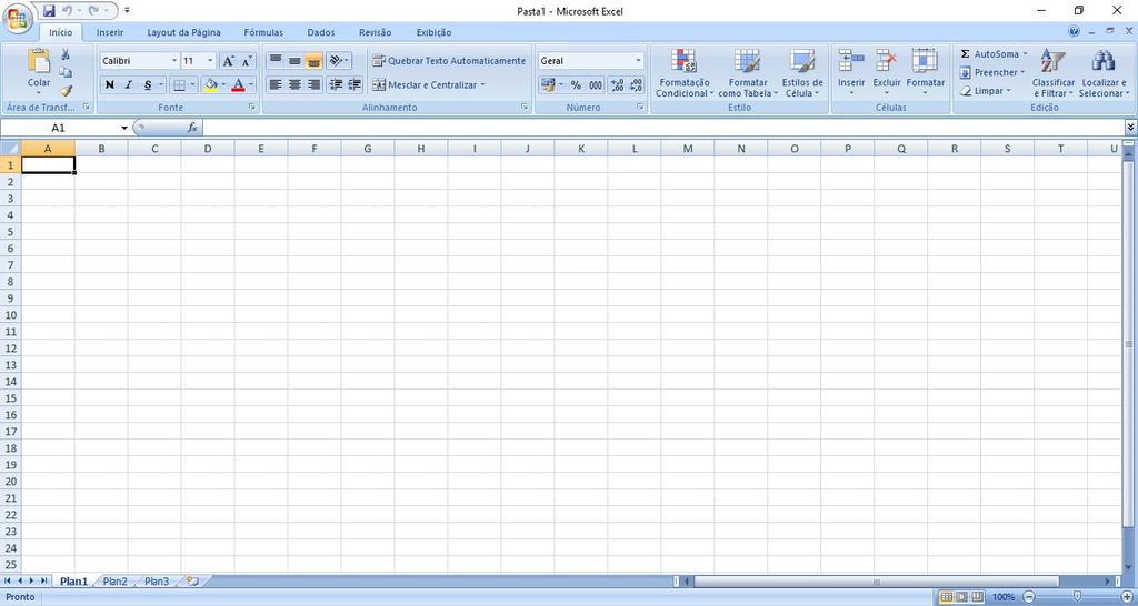 MICROSOFT EXCEL Com exceção da faixa de opções (na parte de cima do aplicativo) e da barra de status (na parte de baixo), o restante da tela inicial do Excel continua exatamente