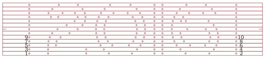 18 Encadernação longstitch - 2016 - Passo a passo 1. Começa pelo último caderno, pelo lado de fora, uma agulha entra pelo furo 1, deixando uma sobra de linha para o nó 2.