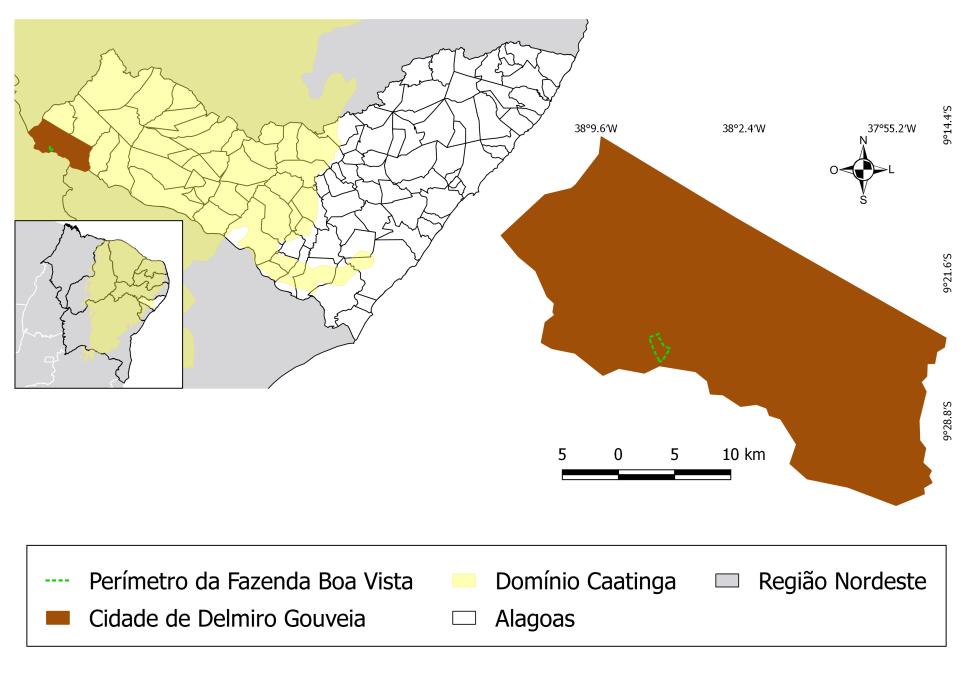 Fig. 01 Mapa indicando a área do estudo localizada no semiárido do estado de Alagoas. Imagem editada pelo autor.