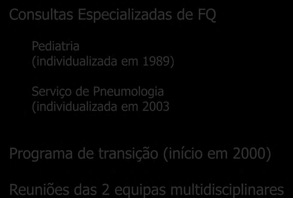 Consultas Especializadas de FQ Pediatria (individualizada em 1989) Serviço de Pneumologia (individualizada em 2003 Centro de Fibrose Quística - HSM Programa de