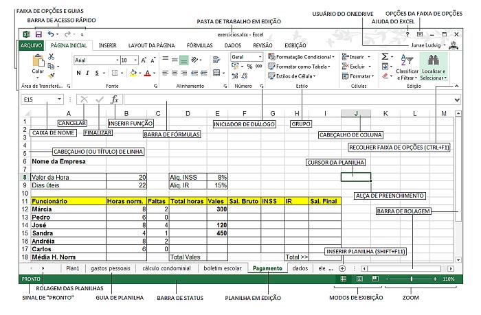 A imagem a seguir traz um detalhamento da área de trabalho do aplicativo exibida quando por exemplo o usuário seleciona o modelo Pasta de Trabalho em branco na tela inicial da opção Novo. 2.