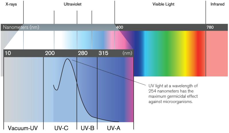 Introdução Processo dependente da qualidade da água (transmitância UV, ou UV-T medida com espectrofotômetro no λ=254nm); Raio X Ultravioleta Visível IR λ=254nm Maior efeito germicida contra