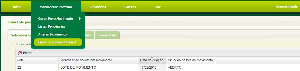 Enviar lote para Unimed passo 1 Para enviar o lote, clicar no menu Início e selecionar o plano cadastrado para o