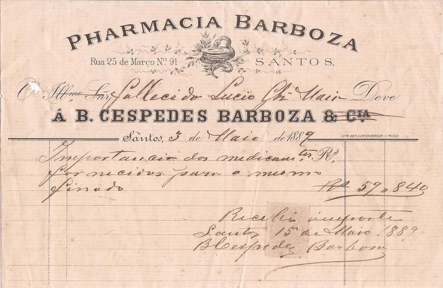 Figura 1 Recibo de Pharmacia Barboza. O recibo das farmácias, ainda no século XIX, apresentava a escrita de pharmacia.