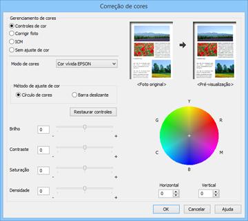 Opções personalizadas de correção de cor - Windows Você pode selecionar quaisquer opções disponíveis na janela de Correção de cores para personalizar as cores da imagem do seu trabalho de impressão.