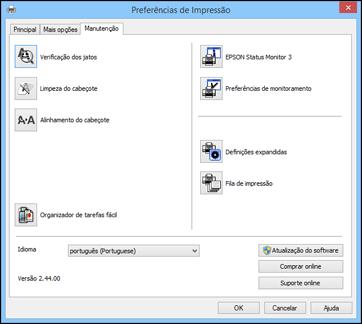 Você vê a janela de configurações de impressão. 3. Clique na guia Manutenção. Você vê as opções de manutenção: 4. Selecione o idioma que deseja usar como a configuração de Idioma. 5.