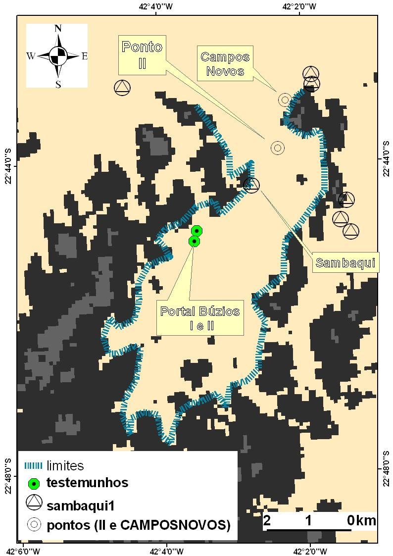 119 Figura 79 - Pontos de interesse na região de Campos Novos. No ponto II, conforme mapa da figura 78, ocorrem conchas de moluscos a 5 km da atual linha de costa da Praia Rasa.