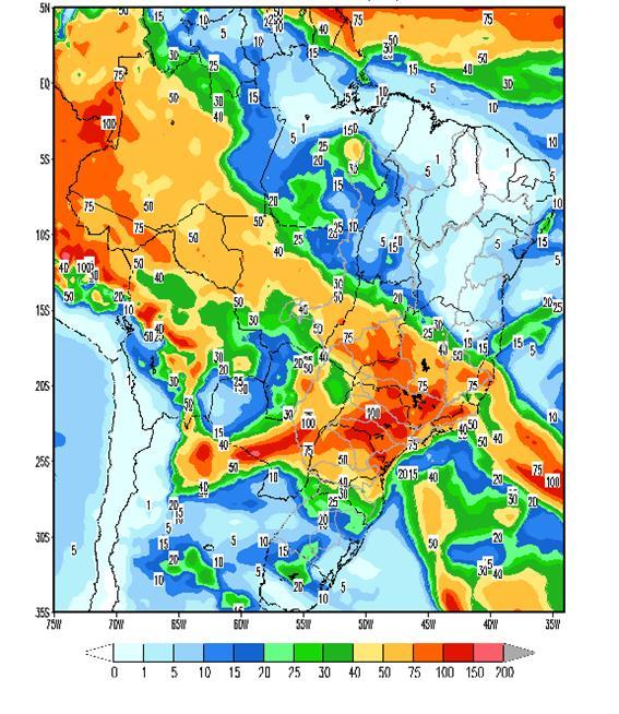 Figura 5 - Precipitação acumulada prevista pelo modelo ETA (CPTEC/INPE) para o período de 25/11 a 01/12/2017 Nas bacias dos rios Paranapanema, Grande, Paranaíba e Iguaçu, e parte das bacias dos rios