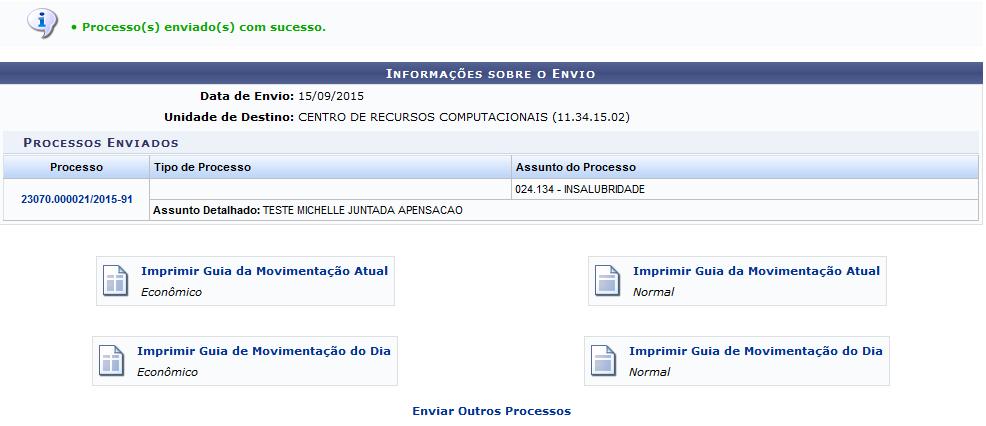 desejada ou, ainda, selecionando a opção no esquema de hierarquia das unidades e se desejar acrescente Observações sobre o envio.