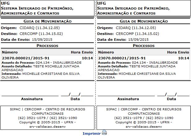 A seguinte página contendo a mensagem de sucesso do envio e as informações sobre o processo enviado será exibida: A partir desta página, será possível imprimir as guias de