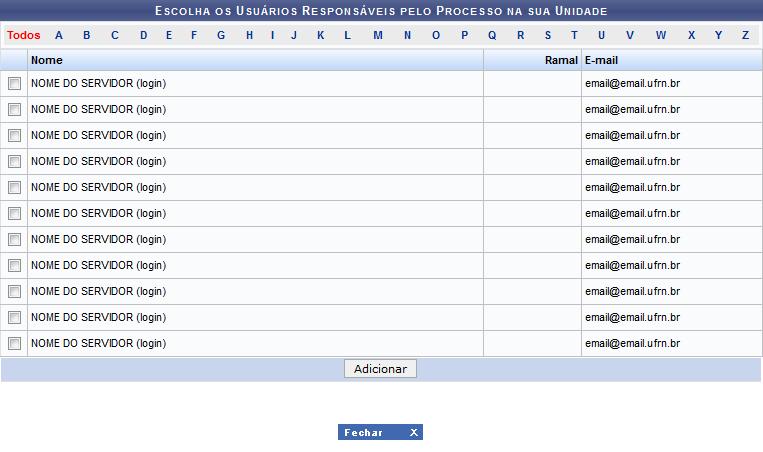 processo, em ordem alfabética: Selecione o Servidor que deseja para ser o responsável