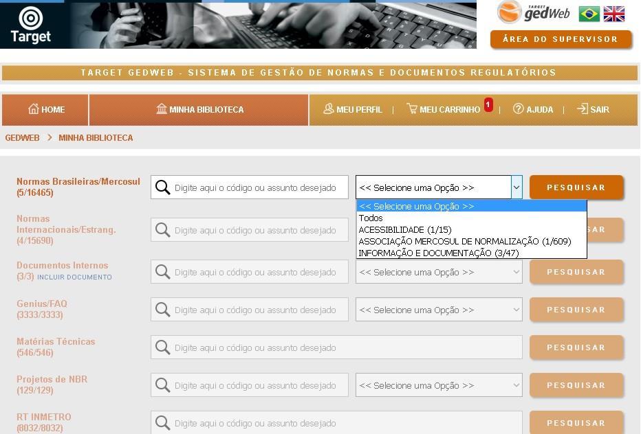 Tela principal do sistema Target GEDWEB Minha Biblioteca: Normas Brasileiras e Mercosul: Acesse o guia Minha Informa Biblioteca de forma resumida o total de normas para conferir as normas de e posse