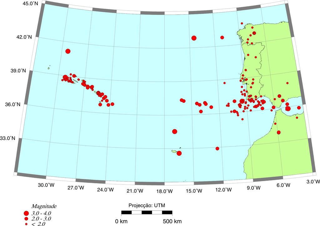 Mapa de sismicidade Açores-Madeira-Gibraltar registada pela Rede Sísmica Nacional no período de 22/ 4/ - 22/ 4/ 3.