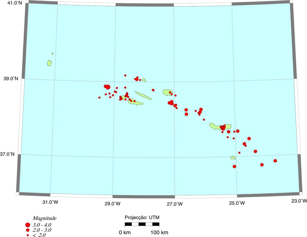Na Tabela 2 apresenta-se a informação referente ao único sismo com epicentro no arquipélago da Madeira e região adjacente. Os parâmetros listados na tabela são idênticos aos da Tabela. Tabela 2. Listas de sismos no Arquipélago da Madeira e área adjacente abril 22 22-4-24 Mag (ML) 4:38:33 32.