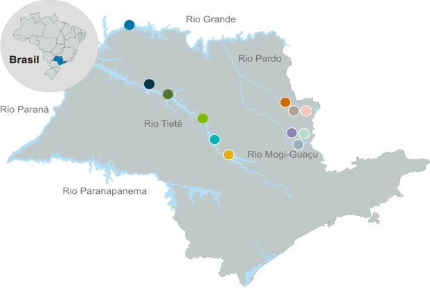 As usinas da Companhia estão localizadas nos Rios Tietê, Pardo, Grande e Mogi-Guaçu, conforme demonstrado no mapa a seguir: Usinas da AES Tietê Energia: As 12 usinas da AES Tietê Energia possuem