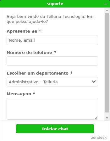 Preencha todos os campos solicitados e depois clique no botão Iniciar chat. Aguarde até que um atendente Telluria inicie a conversa. Atenção!