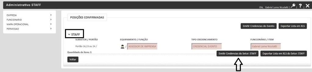 Clique sobre o setor, para liberar a lista de profissionais credenciados e, em seguida, clique em EMITIR CREDENCIAIS DO