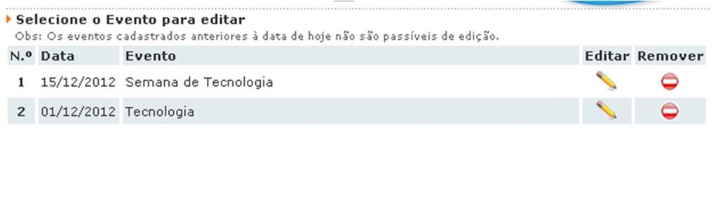 Cadastrar Evento e clique no Botão Remover.