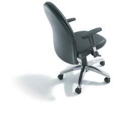 Cadeiras de costa alta e média. Costa regulável em altura (cadeiras giratórias). Cascos exteriores em polipropileno, disponíveis em preto ou cinza claro.