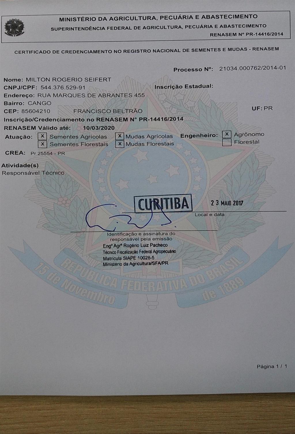 Certificado de RENASEM PR -