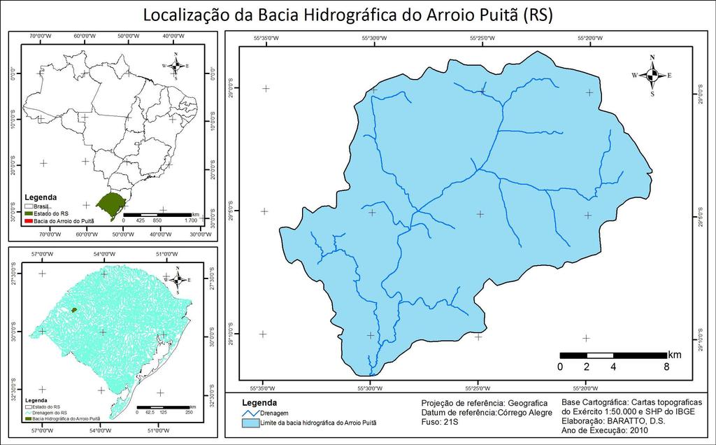 Figura 01- Mapa de Localização da área de estudo 2 METODOLOGIA A delimitação da bacia hidrográfica foi realizada no software Spring (Versão 5.1.6), tomando como base cartográfica as cartas topográficas do Exército, de escala 1:50.