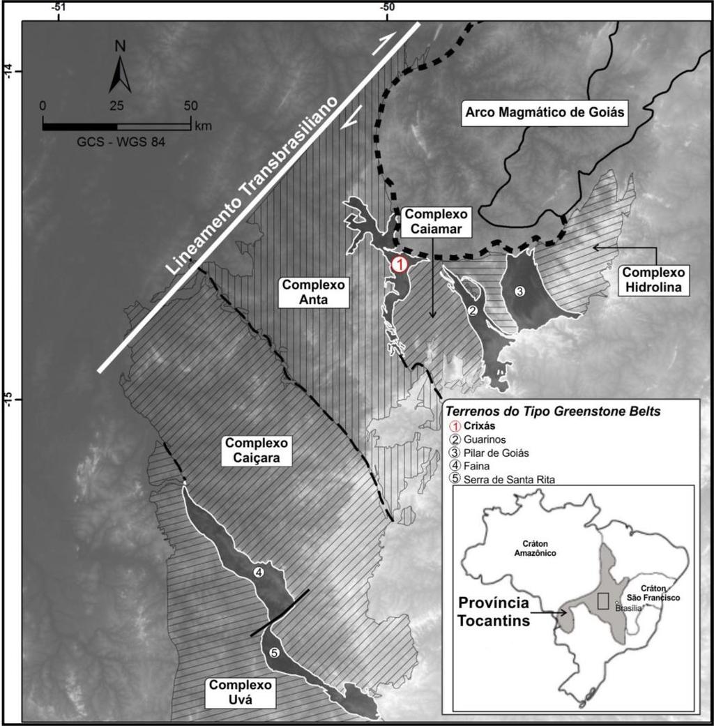 Fig. 1. Localização regional do greenstonte belt de Crixás e o Bloco Arqueano de Goiás.