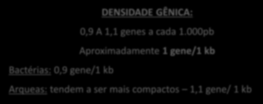 Densidade Genica Procariotos Genomas Procariotos apresentam alta densidade genica Fatores que contribuem: Tamanho reduzido do genoma; Extensão das regiões codificadoras e reguladoras ; Número de