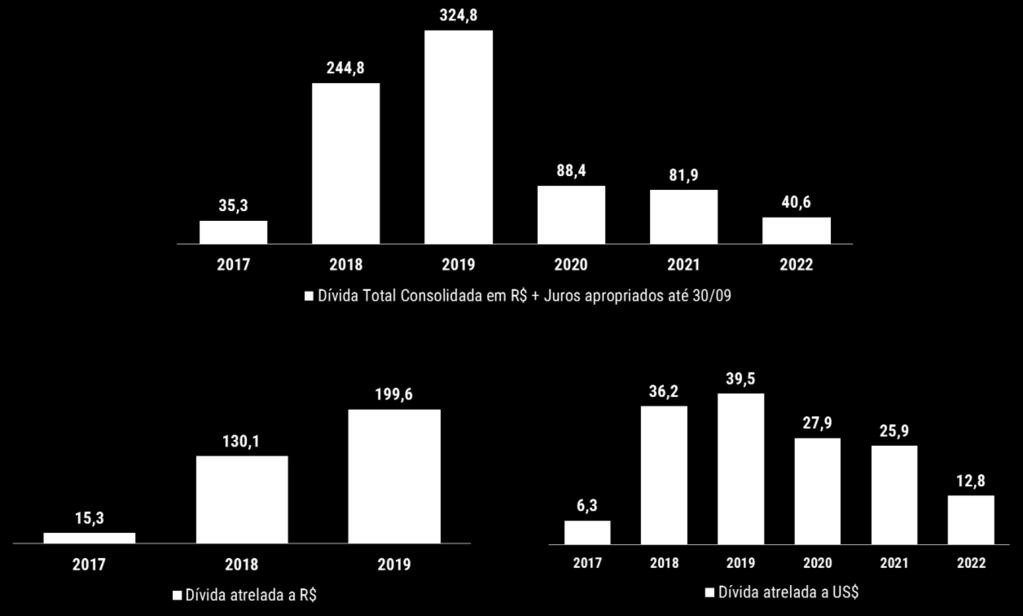 Endividamento Cronograma de Amortização da Dívida 3T17 Endividamento Bruto + Juros R$ 815,9 milhões 57,7% atrelado ao dólar R$ 212,6 milhões no curto prazo R$ 603,3 milhões no longo prazo Caixa