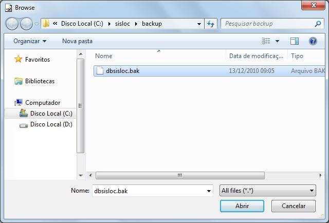 3.4. Nesta etapa será necessário escolher o arquivo de backup da base de dados. Este arquivo possui a extensão.bak que está na pasta de Backup do sistema (c:\sisloc\backup).