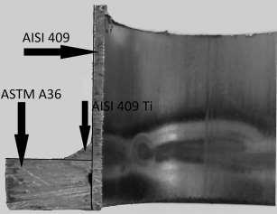 Arame AISI 409 Ti AISI 409 Ti e Nb Corrente (A) 325 295 Velocidade de soldagem (mm/s) 25 25 Tensão (V) 27,3 21,3 Comprimento do Arco -18-15 Gás AG12 AG12 Figura 3 Amostra cujo arame de solda usado