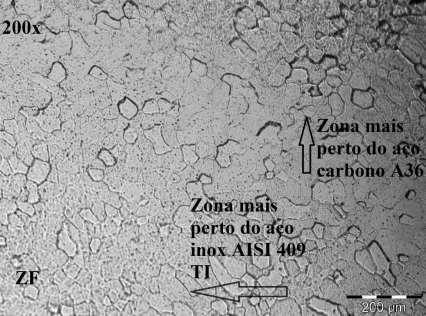 Está é a região mais próxima da solda, onde é possível perceber o aumento do tamanho do grão ferrítico quando comparados com os grãos da figura 9. Figura 11 Metalografia da ZF do Aço Inox AISI 409.