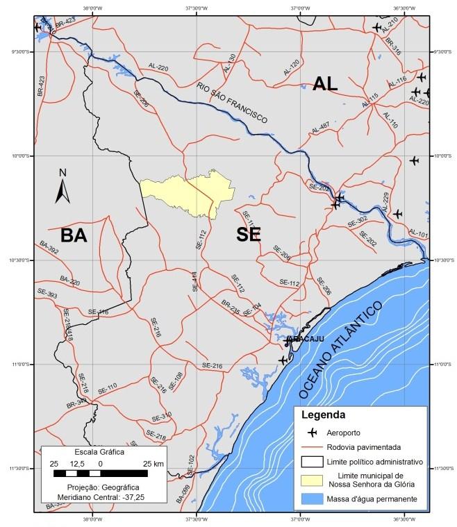 Figura 1. Localização do município de Nossa Senhora da Glória com os limites estaduais e municipais. (Fonte: IBGE, 2009).