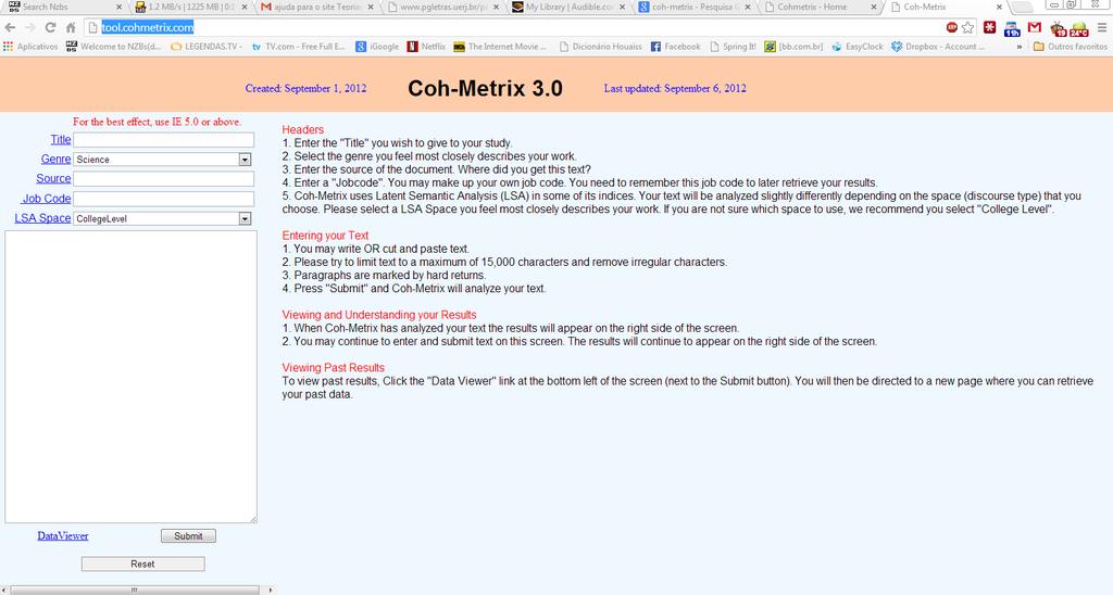 Etapa 2: Materiais ferramentas: Coh-Metrix http://tool.cohmetrix.