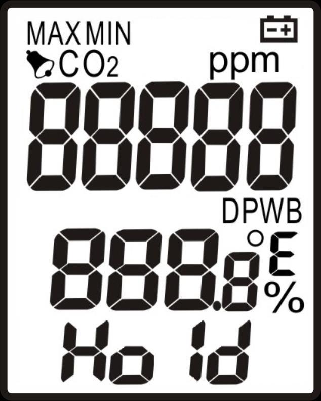 VISOR 1 2 3 12 4 5 11 6 10 7 8 9 1 - Visualização da medição 7 - Unidade da medição de máxima de CO2 temperatura (ºC / ºF) 2 - Visualização da medição 8 - Unidade da medição de mínima de CO2 umidade