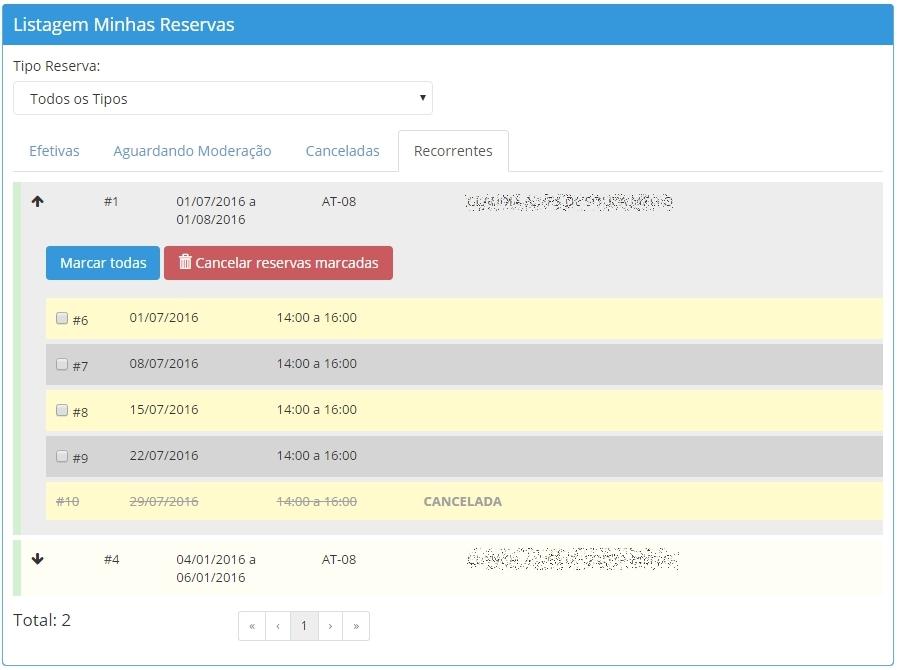 30 Listagem de reservas A reserva principal apresenta seu número de identificação, o período em que ela ocorre, a sala e seu responsável / solicitante.