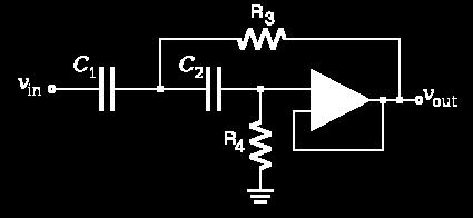 Filtro Passa-Altas com topologia Sallen-Key Outra forma de identificar rapidamente o tipo de banda passante do filtro, é observar que nessa configuração (passa-altas Sallen-Key), a entrada é