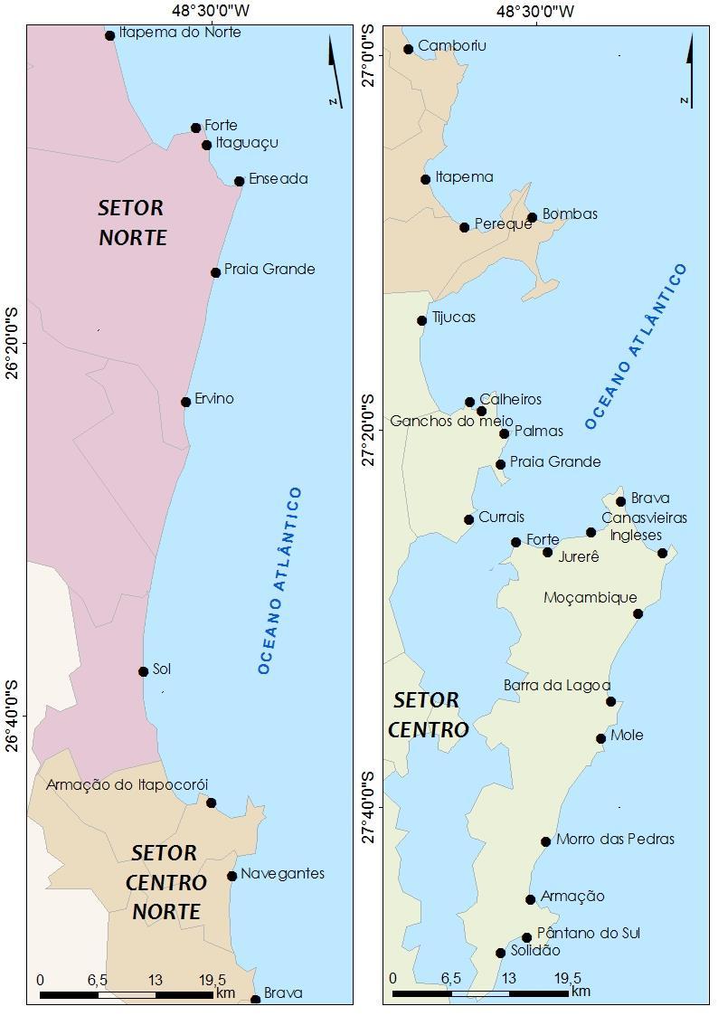 Figura 5: Localização de praias citadas nos setores Centro-Sul e Sul. Figura 4: Localização de praias citadas nos setores Norte, Centro- Norte e Centro.