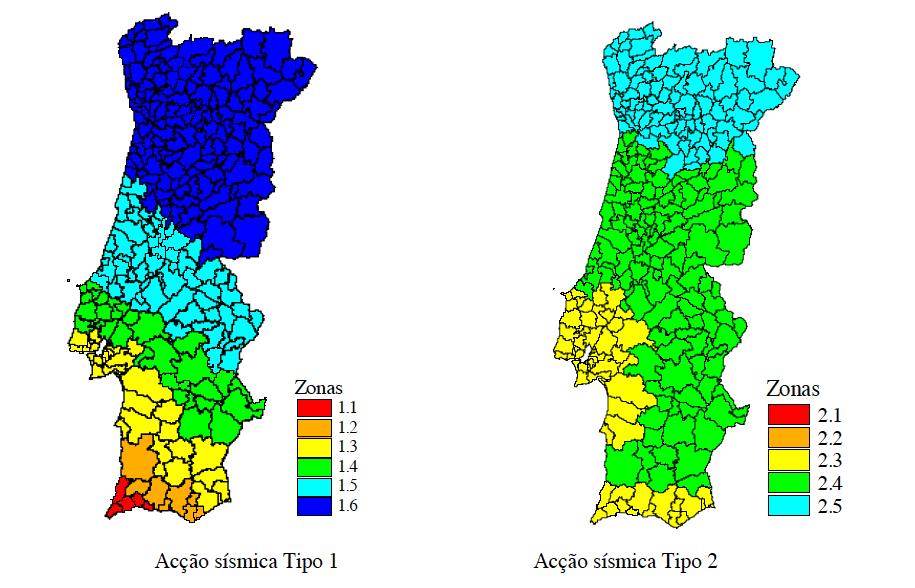 Figura 1: Zonamento sísmico em Portugal Continental (Figura NA.I do EC8) Para o Arquipélago da Madeira existe apenas uma zona corresponde à acção sísmica tipo 1 (AS1.