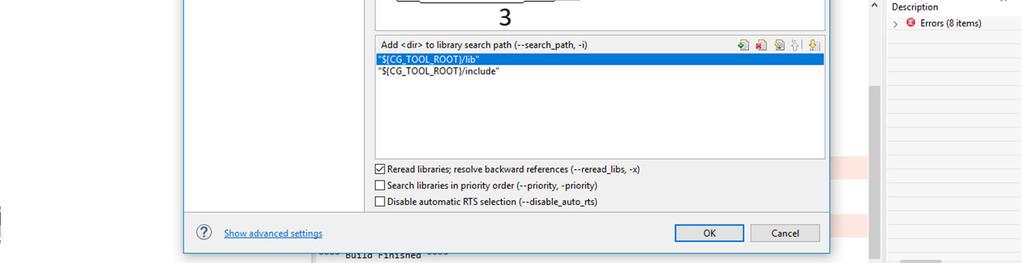 Para tal, selecionar a opção Properties do menu Project. Escolher C6000 Linker e File Search Path.