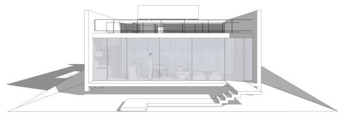 Figura 4: Esquema da composição volumétrica da Casa em Tibau, 2011. Escritório Yuri Vital O tratamento dado a cada um dos volumes ratifica o grau de exposição que o projeto quer submeter o usuário.