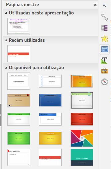 Figura 25: Barra lateral seção Páginas mestre Figura 26: Barra de ferramentas Exibição mestre Aplicar um slide mestre Para aplicar um slide mestre para todos os slides em sua apresentação: Clique no