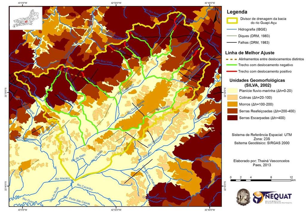 FIGURA 8: Representação das linhas de melhor ajuste (trechos com deslocamentos positivos e negativos) para os canais que compõem o sistema fluvial Guapi-Açu, sobreposto às informações geológicas