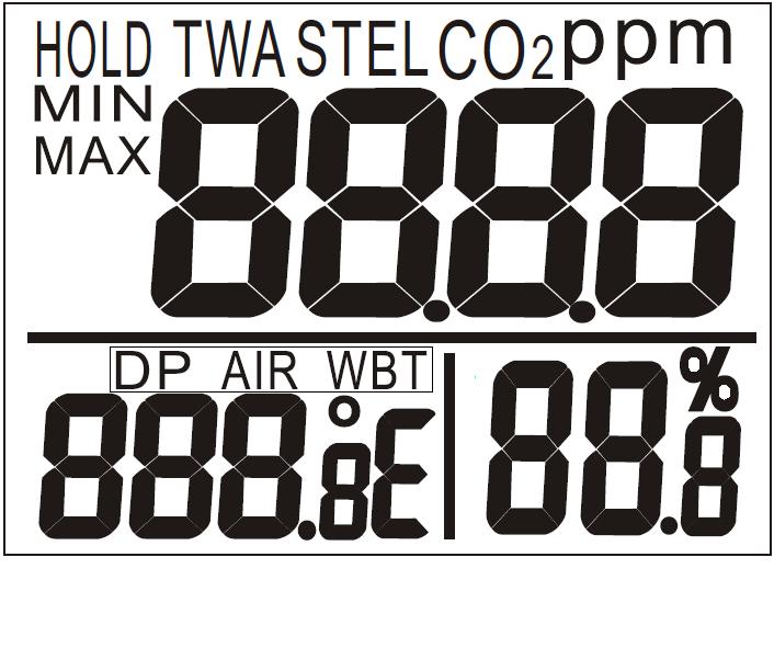 VISOR LCD 1 2 3 4 13 12 11 10 9 8 5 6 7 1 - Visualização da medição TWA [TWA] 2 - Visualização da medição STEL [STEL] 3 - Gás em medição [CO2] 4 - Unidade da medição de CO2 [ppm] 5 - Unidade da