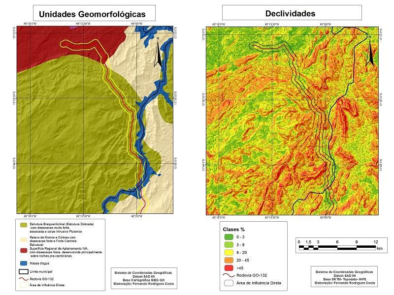 Figura 2: Unidades geomorfológicas e declividades. Figura 2: Unidades geomorfológicas e declividades da área de influência direta da construção da rodovia GO-132.