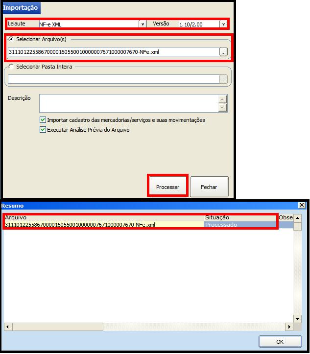 Ao processar a Importação, o sistema irá realizar a Importação e abrirá uma tela auxiliar com a informação Processado.